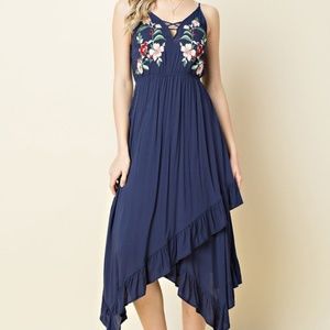 Embroidered asymmetric ruffle hem midi dress